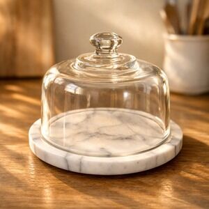 Himark Marble Cheese Dome with Glass Cloche White Marble Base Vintage Taiwan